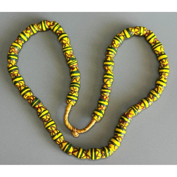 Krobo Jewelry - Antique Venetian African Trade Bead Necklace Yellow Green Red Millefiori Glass 2